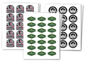 Assorted custom vinyl sticker sheets designed for local businesses labeling and brands, including mechanic shop, golf course, events, and logos.