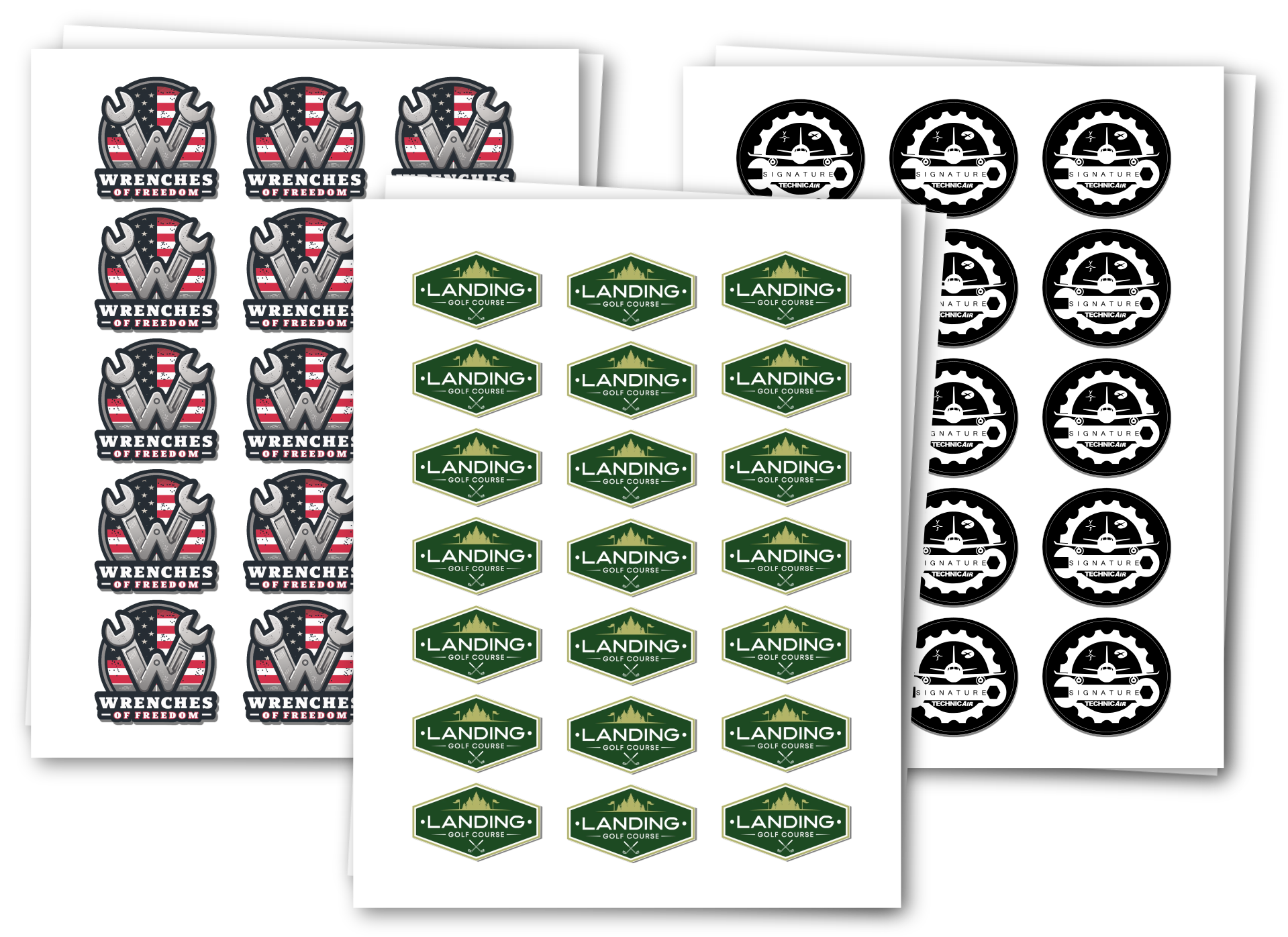 Assorted custom vinyl sticker sheets designed for local businesses labeling and brands, including mechanic shop, golf course, events, and logos.