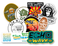 Assorted custom vinyl stickers designed for local businesses and brands, including brewery, car wash, events, and logos.