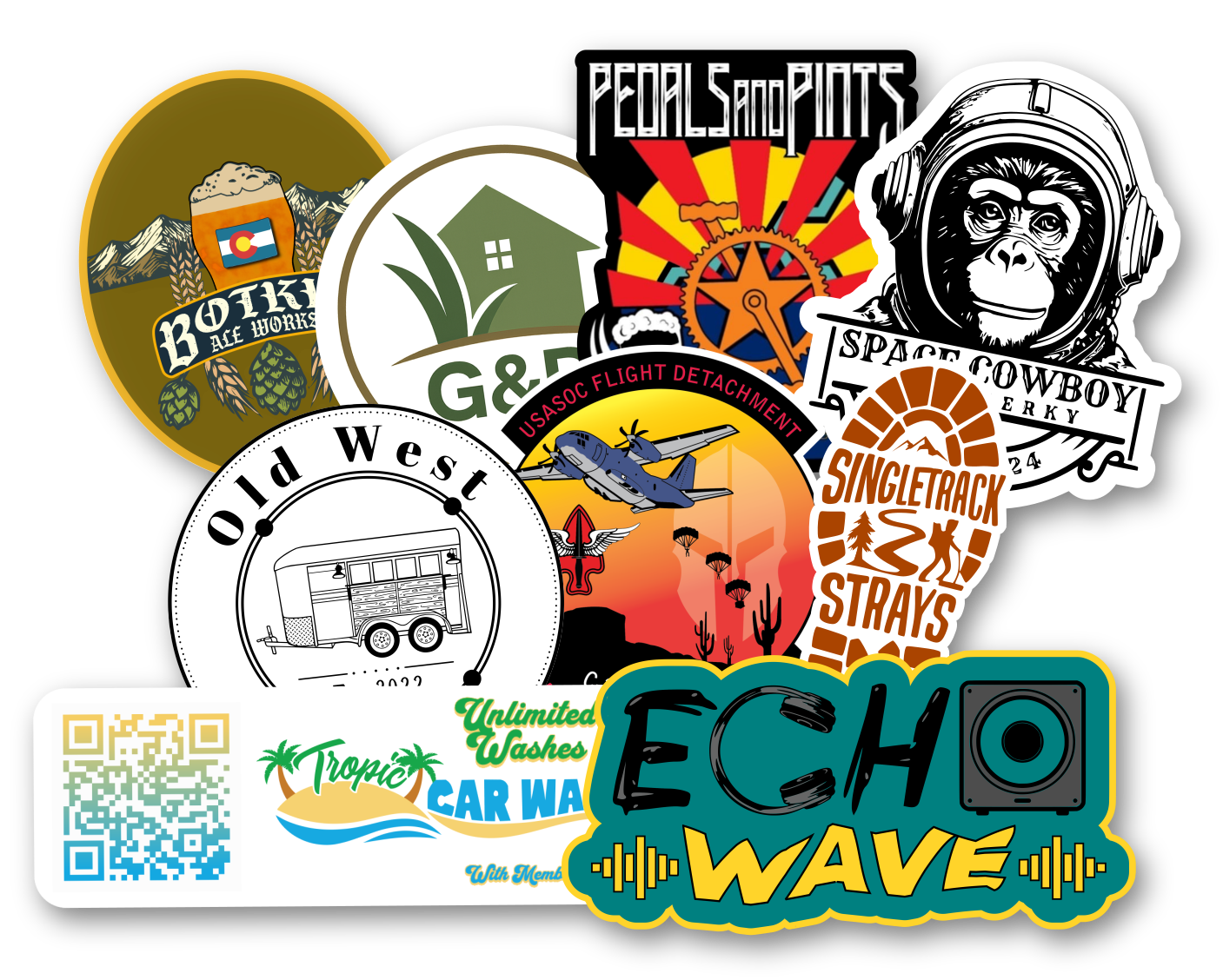 Assorted custom vinyl stickers designed for local businesses and brands, including brewery, car wash, events, and logos.